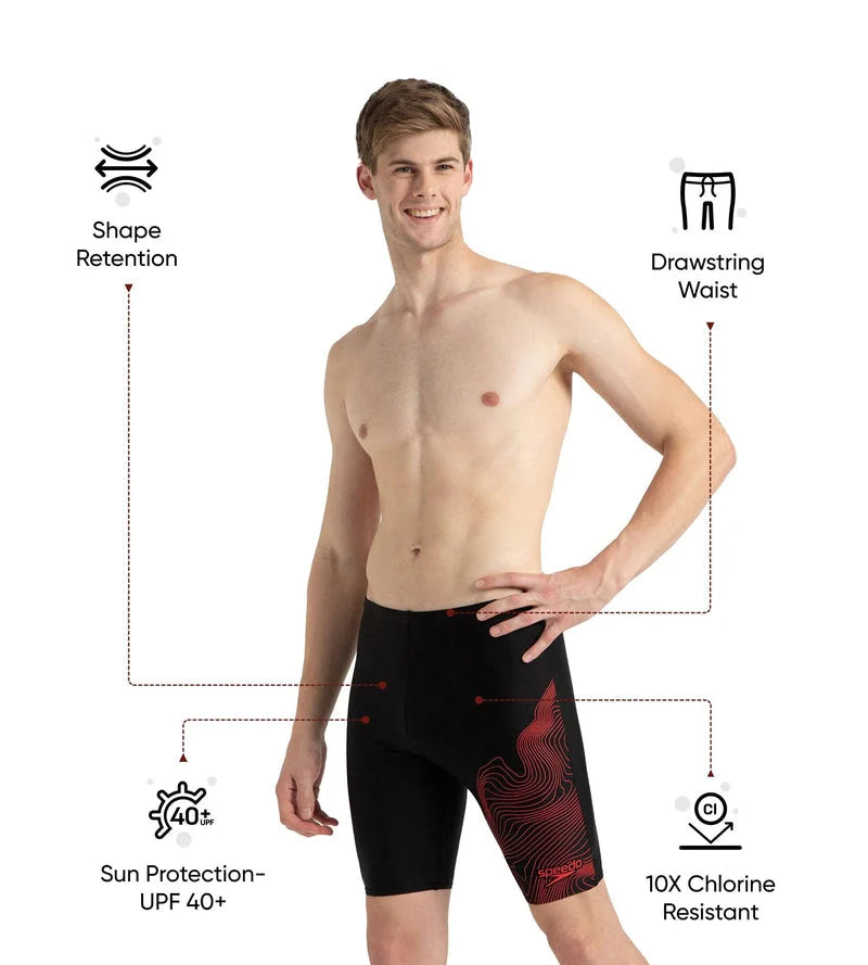SPEEDO Men's Endurance10 Tide Print Sports Gala Logo Jammer Swimwear - Black/High Risk Red