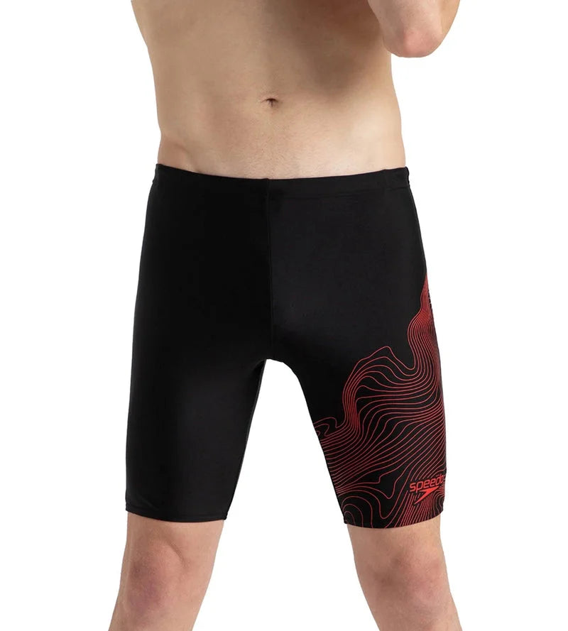 SPEEDO Men's Endurance10 Tide Print Sports Gala Logo Jammer Swimwear - Black/High Risk Red