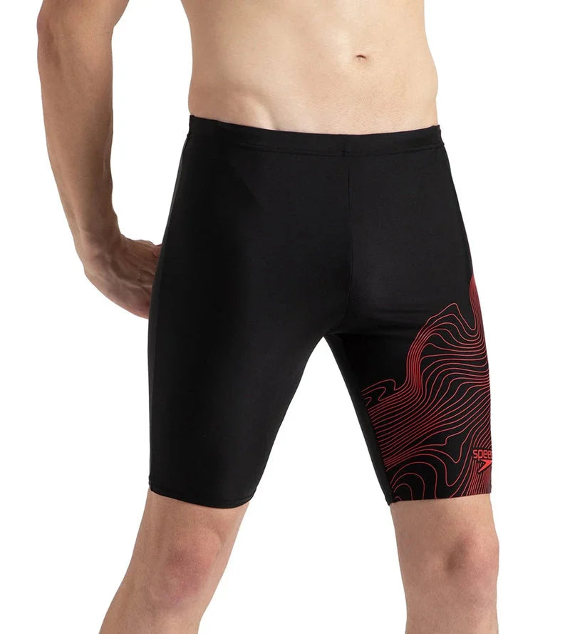 SPEEDO Men's Endurance10 Tide Print Sports Gala Logo Jammer Swimwear - Black/High Risk Red