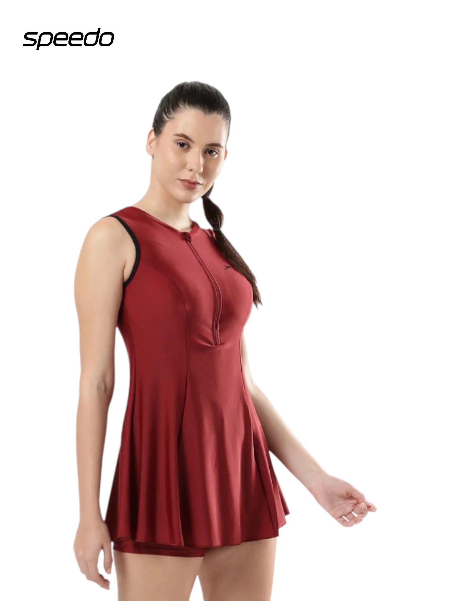 SPEEDO Women's Endura Brite Closedback Swimdress With Boyleg - Oxblood & Black