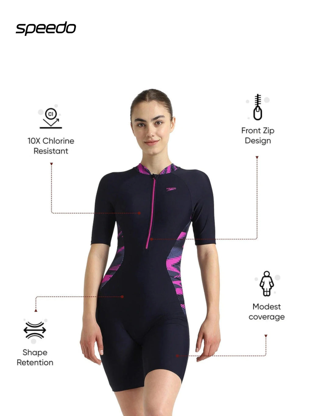SPEEDO Women's Endurance10 Essential Splice Print Closedback Kneesuit Swimwear - True Navy/Hapuna Blue/Diva