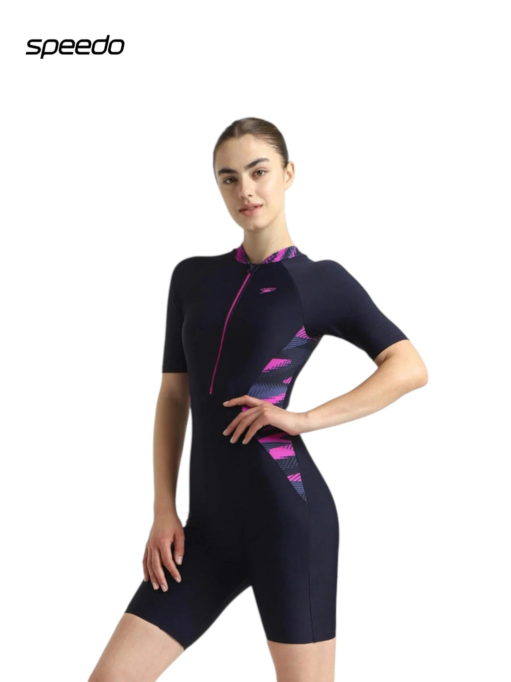 SPEEDO Women's Endurance10 Essential Splice Print Closedback Kneesuit Swimwear - True Navy/Hapuna Blue/Diva