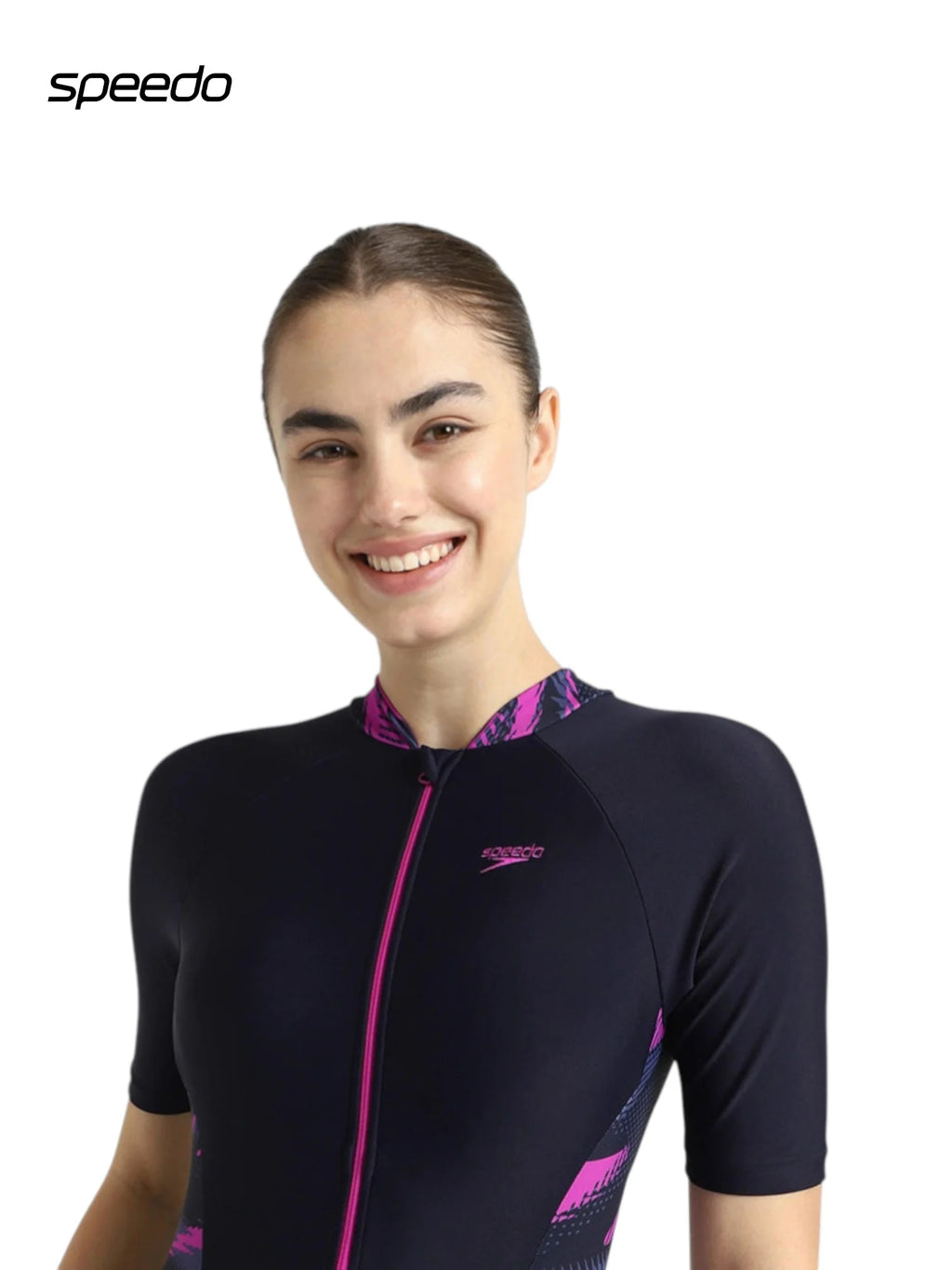 SPEEDO Women's Endurance10 Essential Splice Print Closedback Kneesuit Swimwear - True Navy/Hapuna Blue/Diva