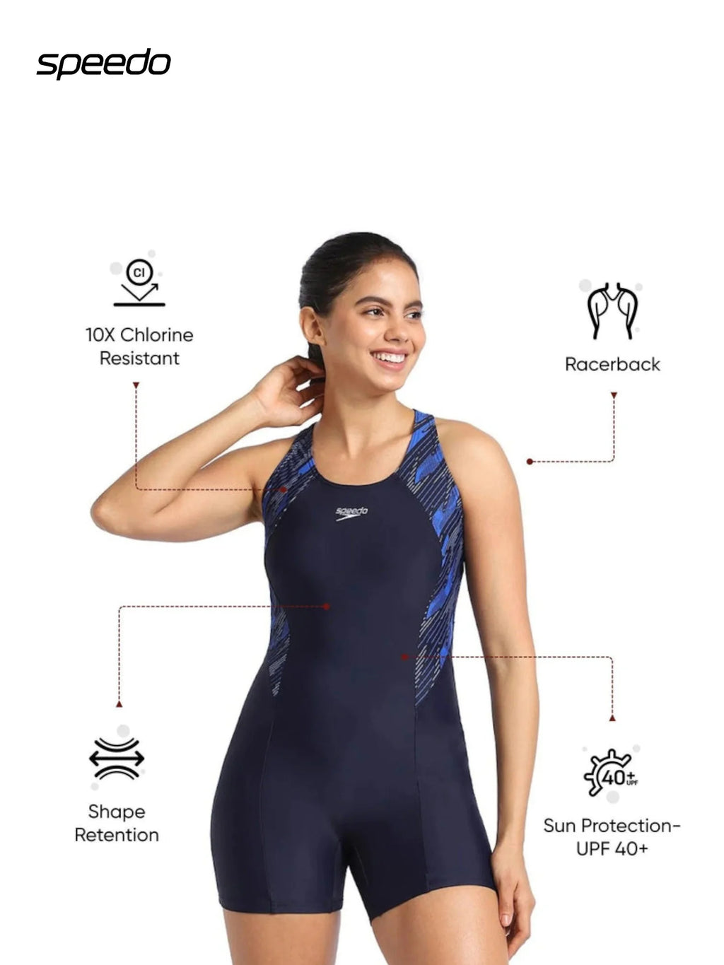 SPEEDO Women's Endurance 10 Hyperboom Legsuit Swimwear - True Navy/True Cobalt/Curious Blue
