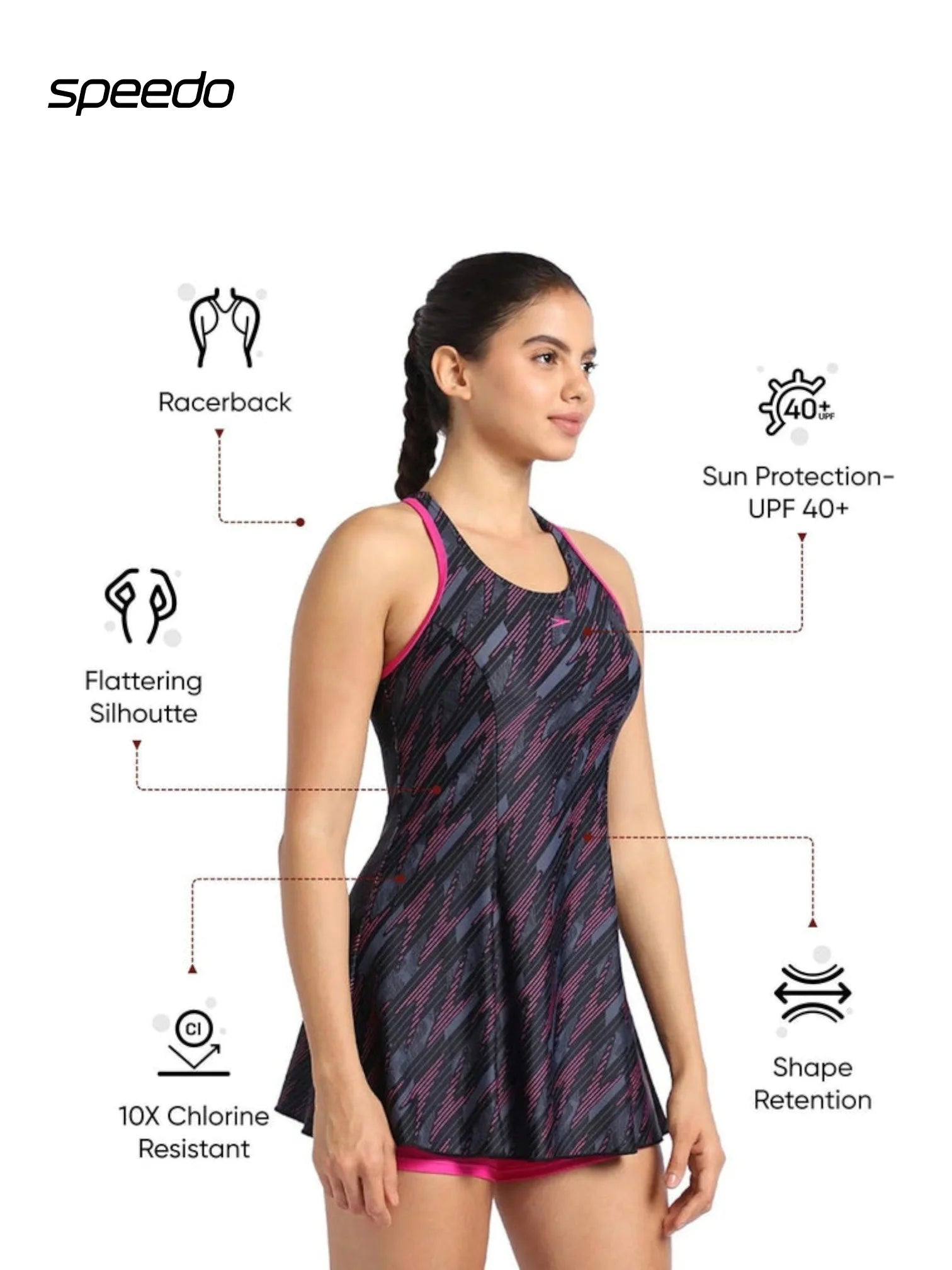 SPEEDO Women's Endurance 10 Hyperboom Printed Racerback Swimdress With Boyleg - Black/Electric Pink