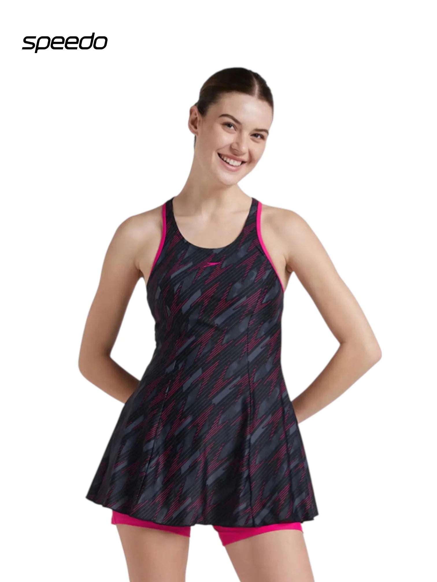 SPEEDO Women's Endurance 10 Hyperboom Printed Racerback Swimdress With Boyleg - Black/Electric Pink
