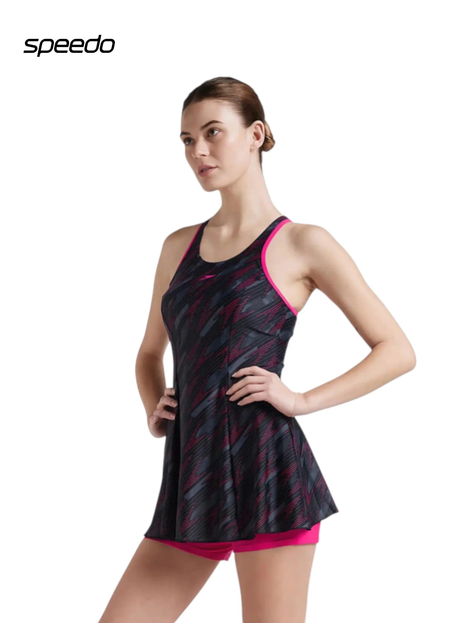 SPEEDO Women's Endurance 10 Hyperboom Printed Racerback Swimdress With Boyleg - Black/Electric Pink