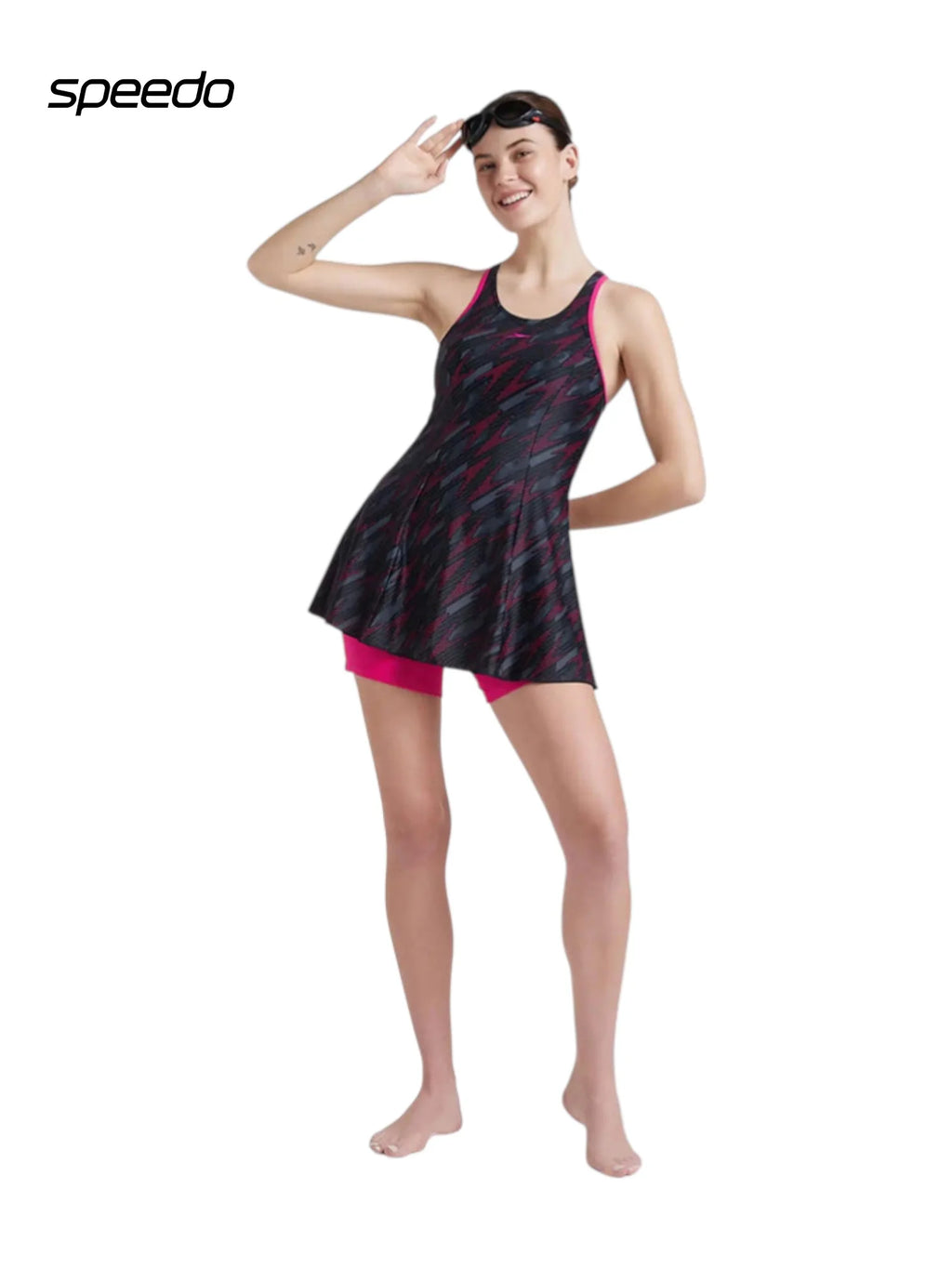 SPEEDO Women's Endurance 10 Hyperboom Printed Racerback Swimdress With Boyleg - Black/Electric Pink