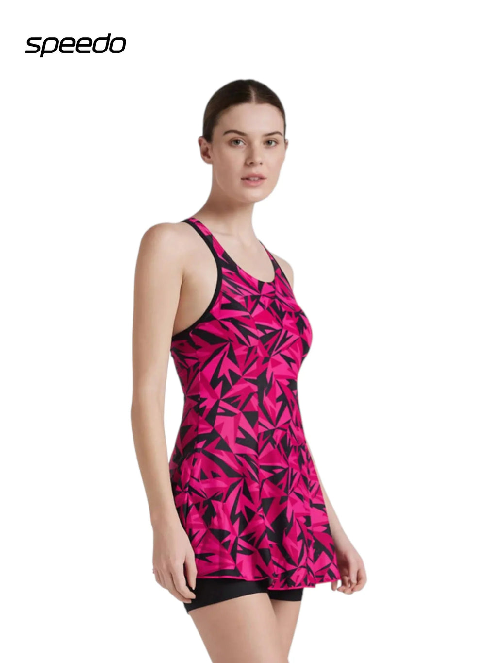 SPEEDO Women's Endurance 10 Hyperboom Printed Racerback Swimdress With Boyleg - Black & Electric Pink