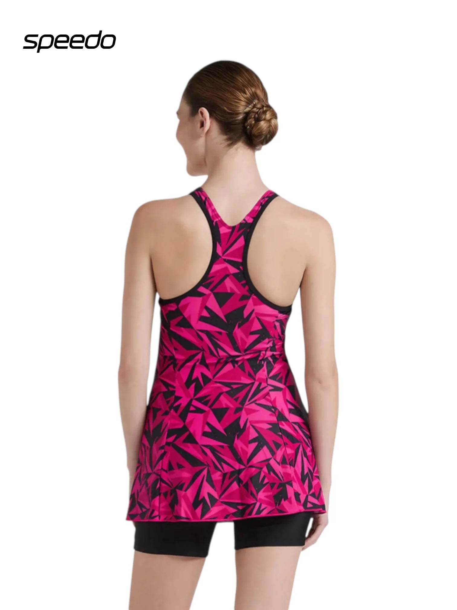 SPEEDO Women's Endurance 10 Hyperboom Printed Racerback Swimdress With Boyleg - Black & Electric Pink