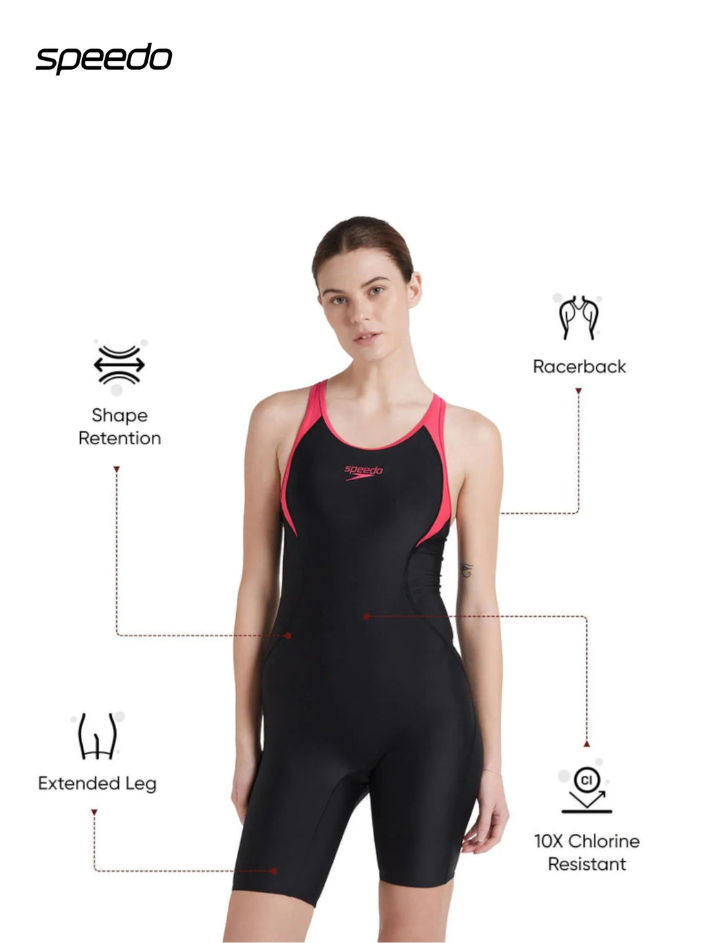 SPEEDO Women's Endurance 10 Essential Panel Racerback Legsuit Swimwear - Black & Raspberry Fill