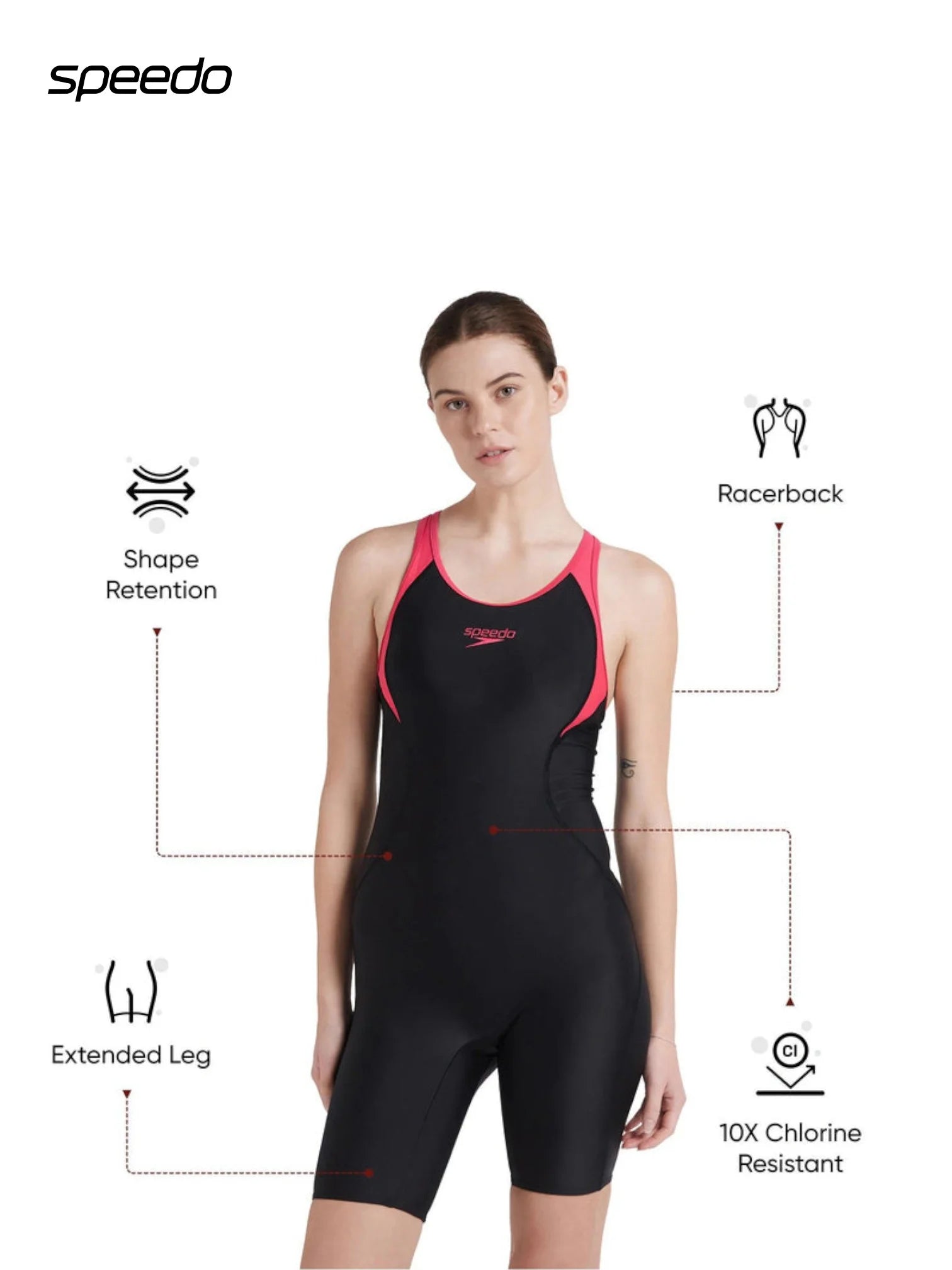 SPEEDO Women's Endurance 10 Essential Panel Racerback Legsuit Swimwear - Black & Raspberry Fill