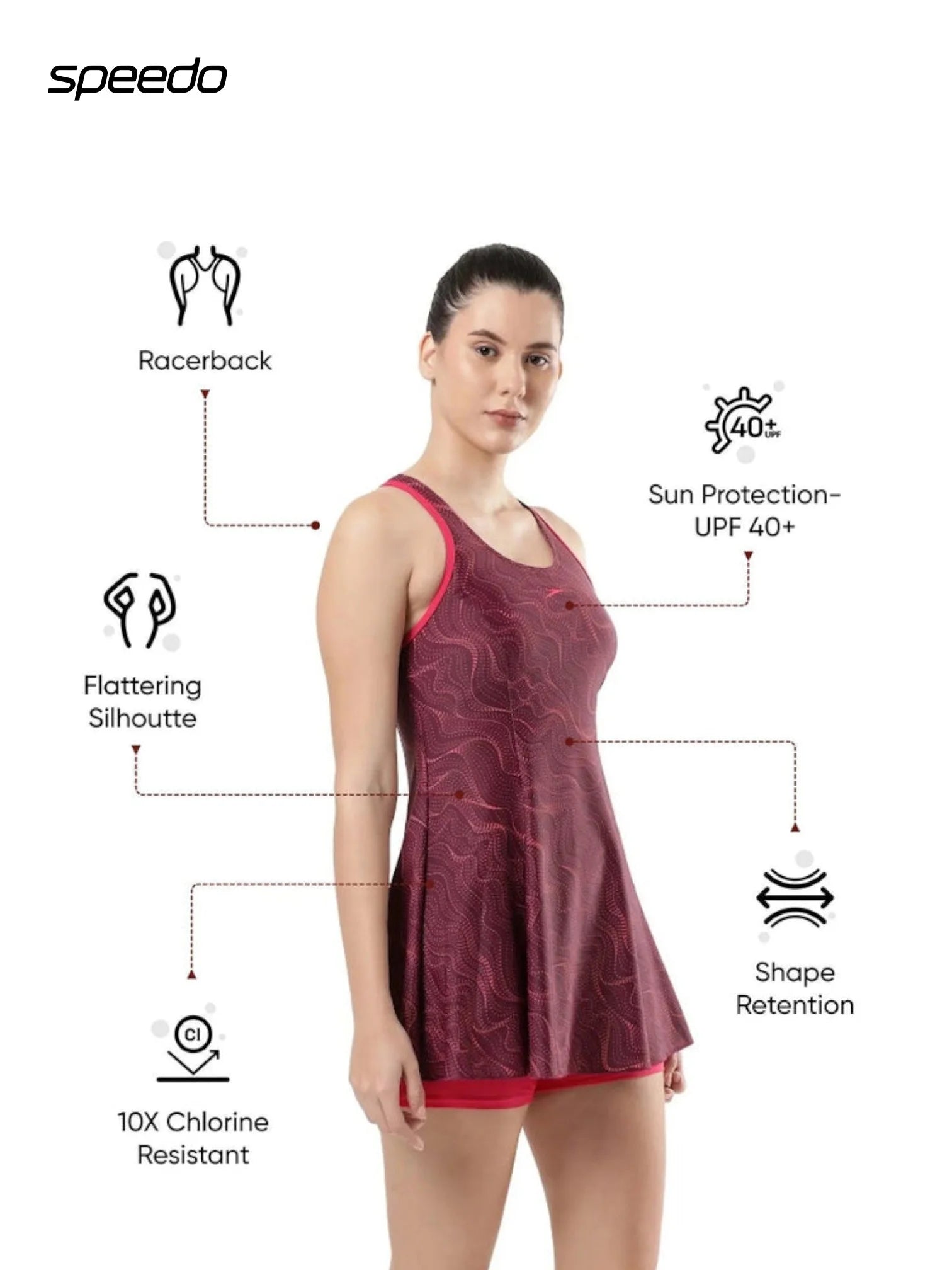 SPEEDO Women's Endurance10 Printed Racerback Swimdress With Boyleg - Deep Plum/Cherry
