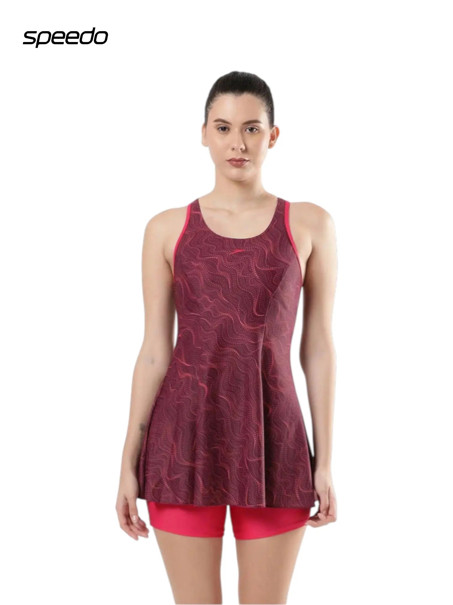 SPEEDO Women's Endurance10 Printed Racerback Swimdress With Boyleg - Deep Plum/Cherry
