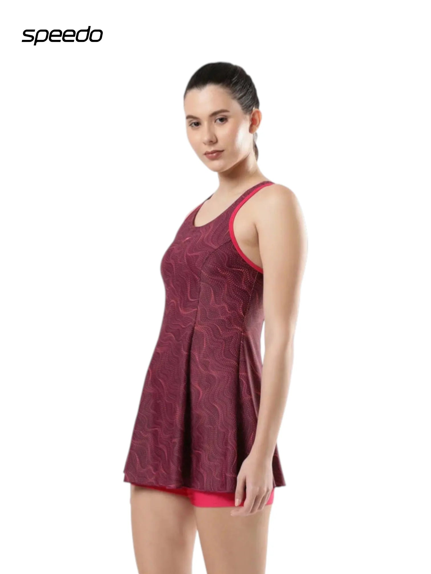 SPEEDO Women's Endurance10 Printed Racerback Swimdress With Boyleg - Deep Plum/Cherry