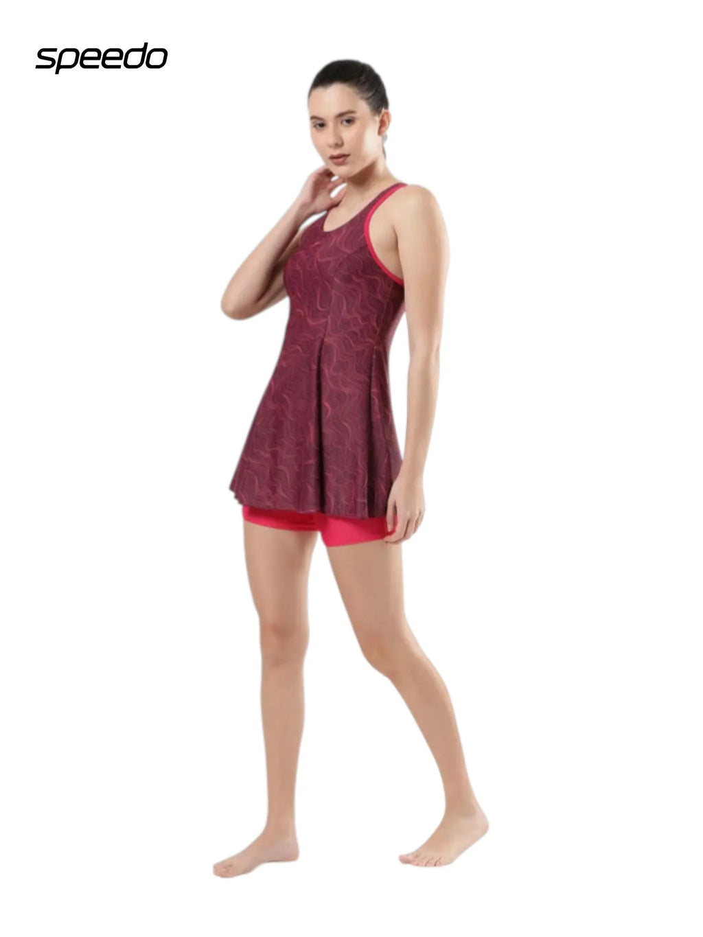 SPEEDO Women's Endurance10 Printed Racerback Swimdress With Boyleg - Deep Plum/Cherry