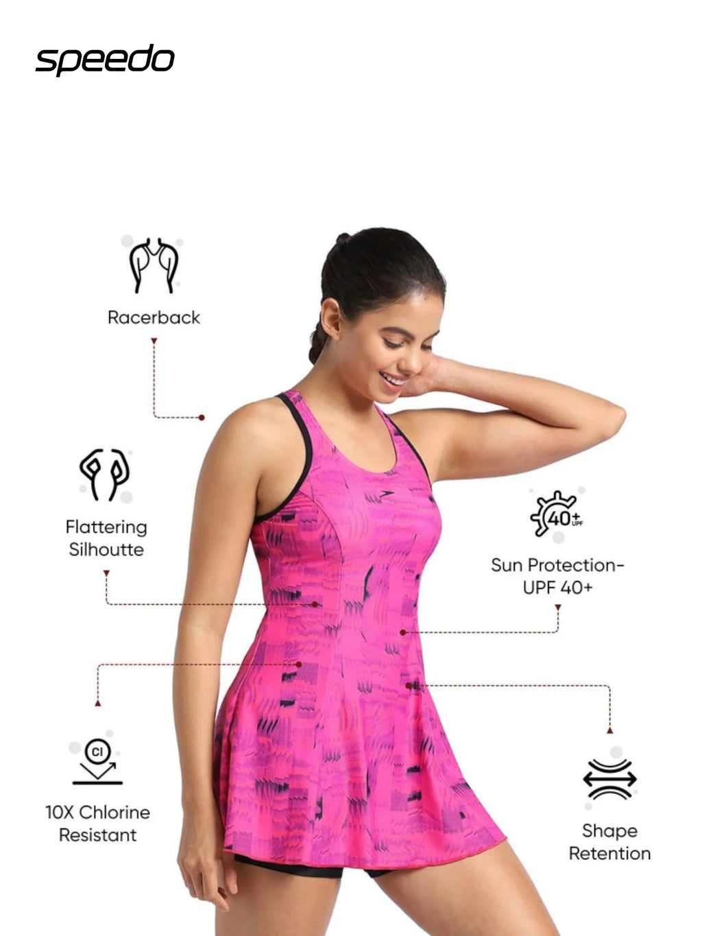 SPEEDO Women's Endurance 10 Printed Swimdress With Boyleg - Black/Wine Berry/Bloominuos Pink