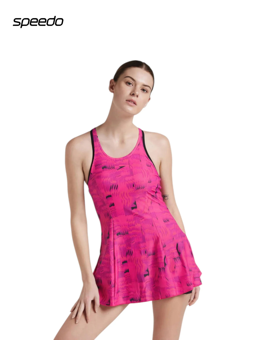 SPEEDO Women's Endurance 10 Printed Swimdress With Boyleg - Black/Wine Berry/Bloominuos Pink