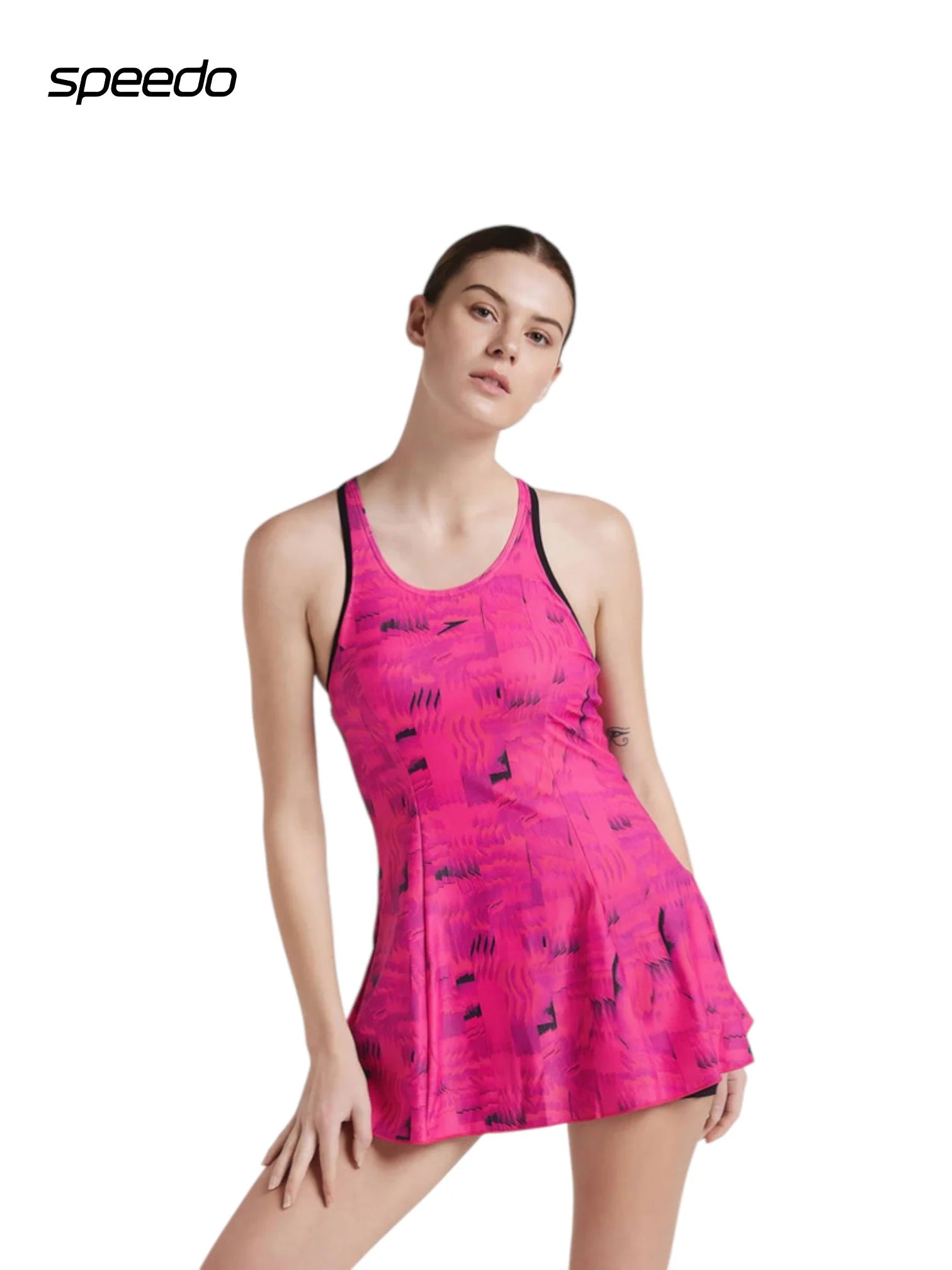 SPEEDO Women's Endurance 10 Printed Swimdress With Boyleg - Black/Wine Berry/Bloominuos Pink