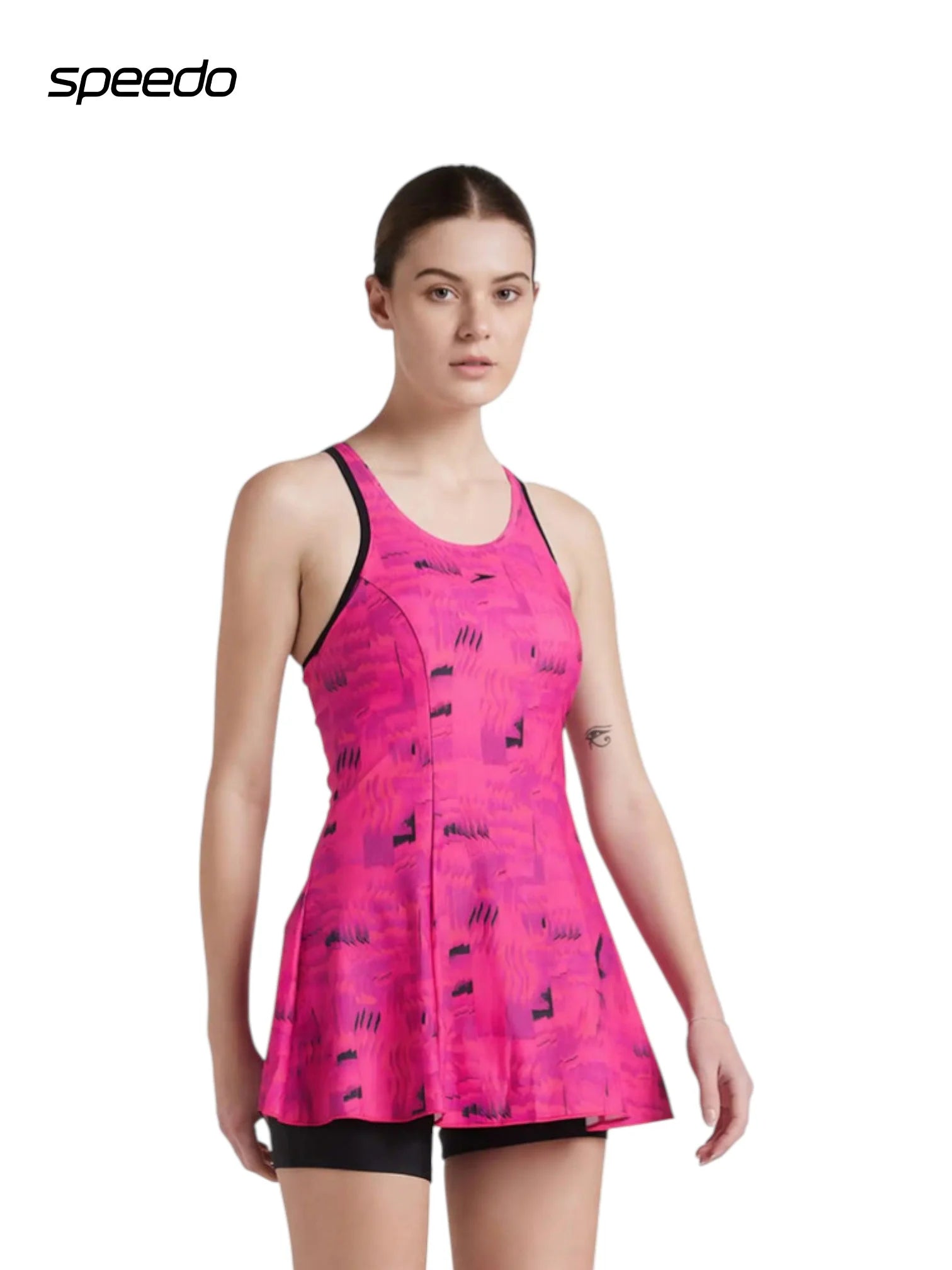 SPEEDO Women's Endurance 10 Printed Swimdress With Boyleg - Black/Wine Berry/Bloominuos Pink
