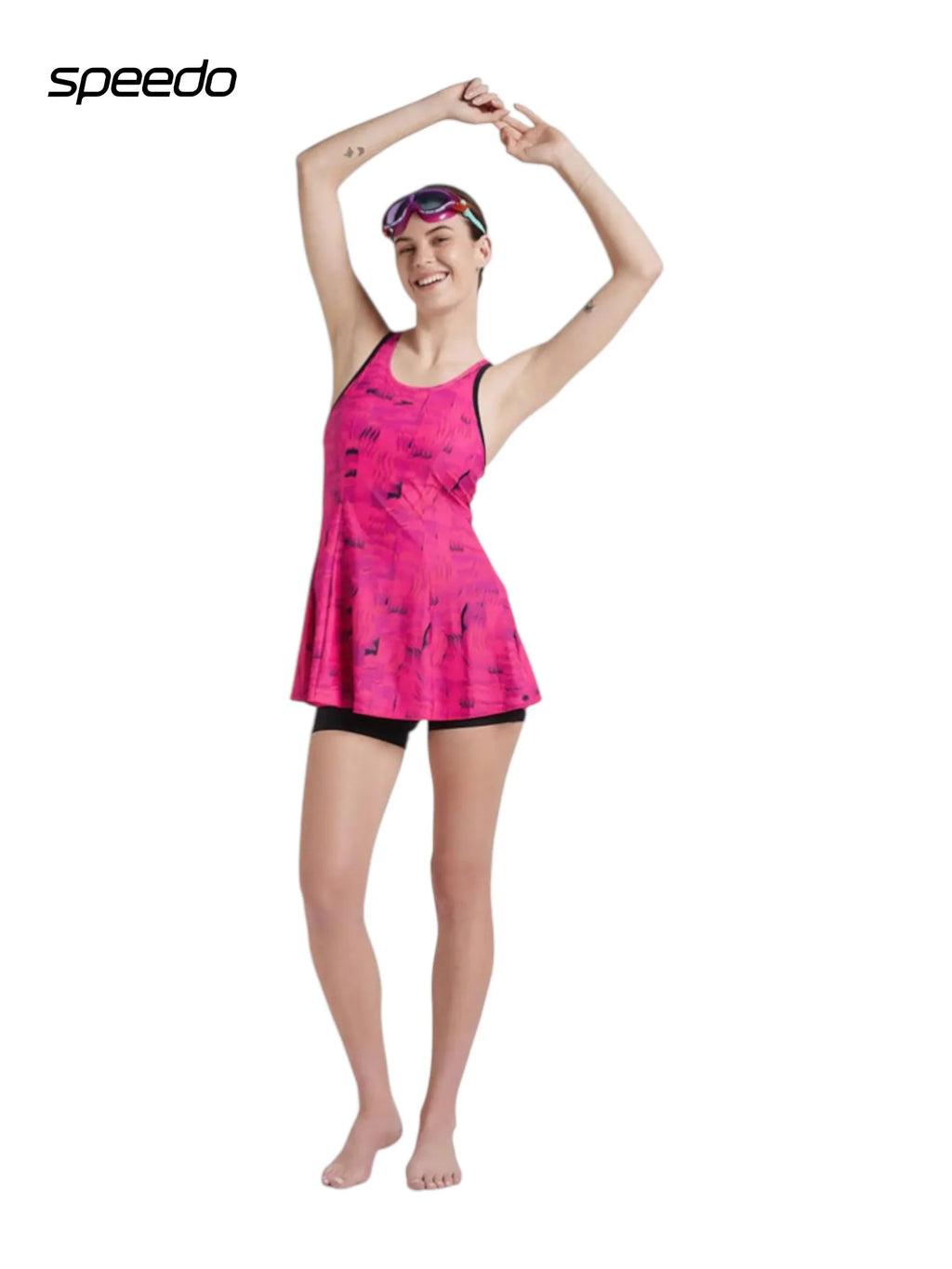 SPEEDO Women's Endurance 10 Printed Swimdress With Boyleg - Black/Wine Berry/Bloominuos Pink