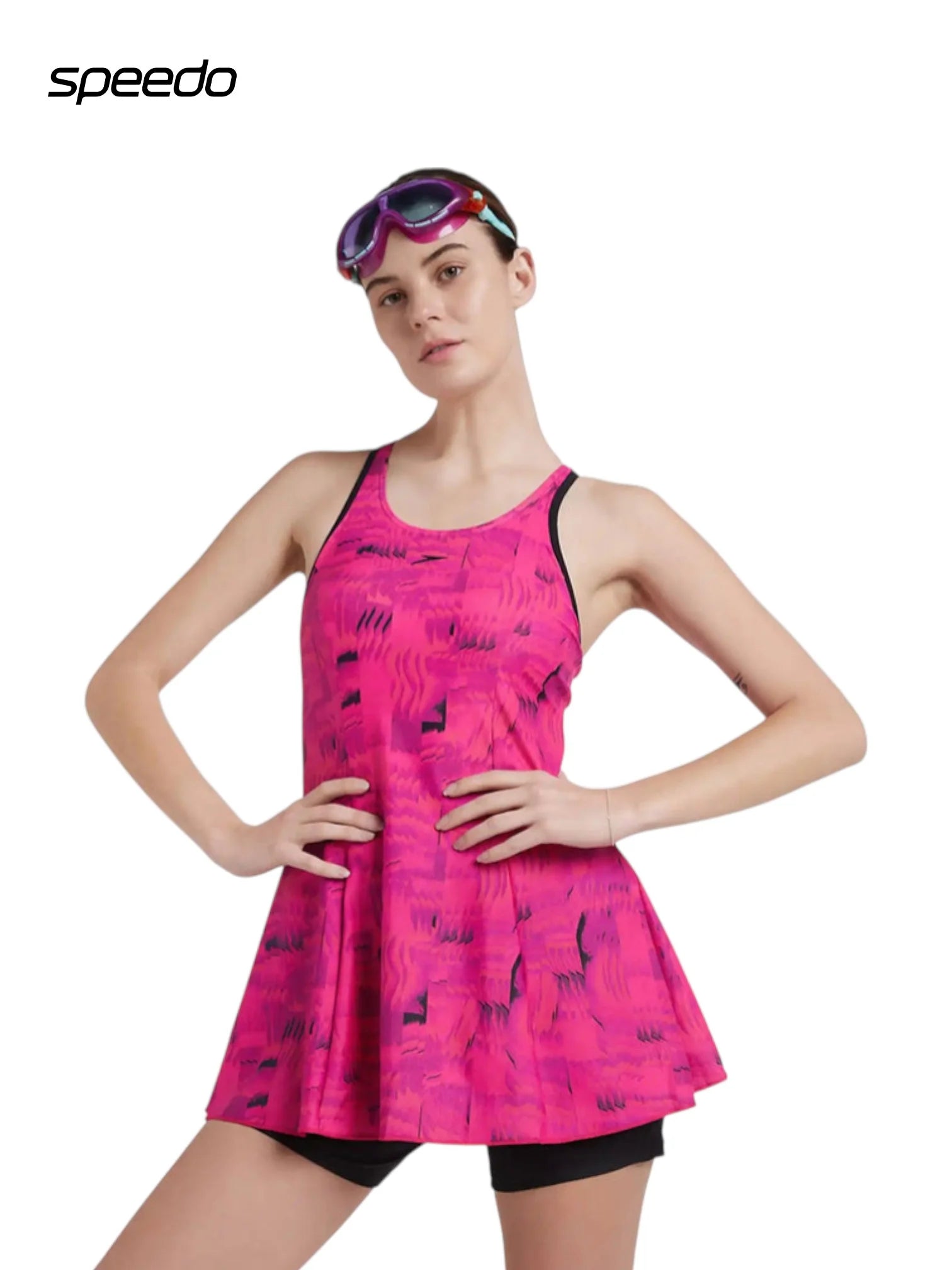 SPEEDO Women's Endurance 10 Printed Swimdress With Boyleg - Black/Wine Berry/Bloominuos Pink