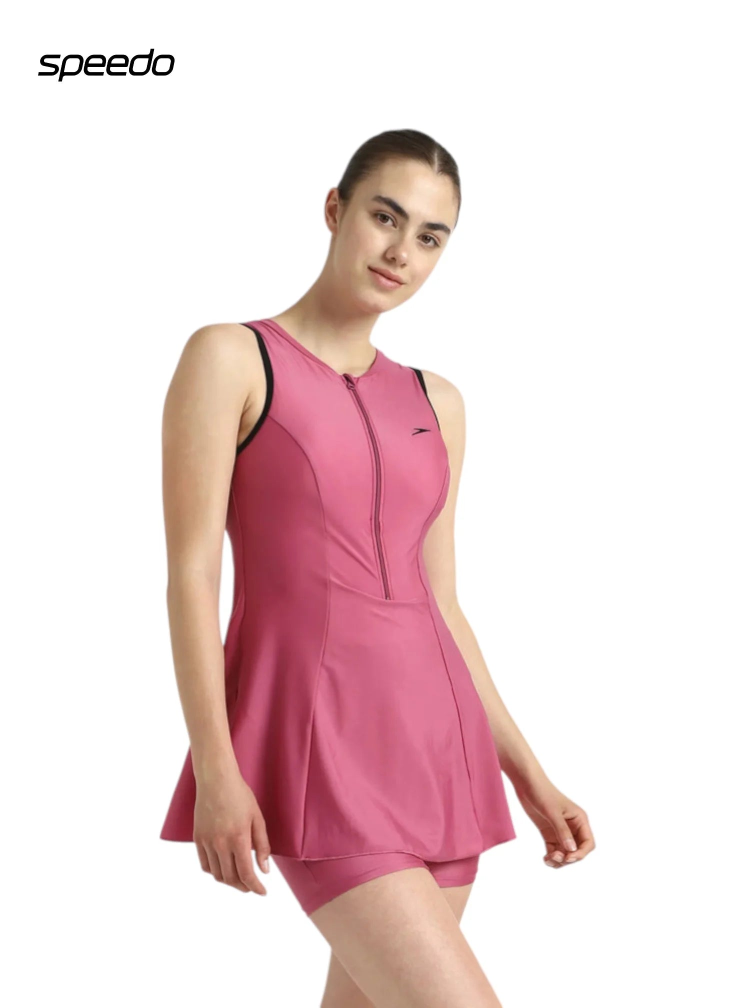 SPEEDO Women's Endura Brite Closedback Swimdress With Boyleg - Hot Mauve/Black