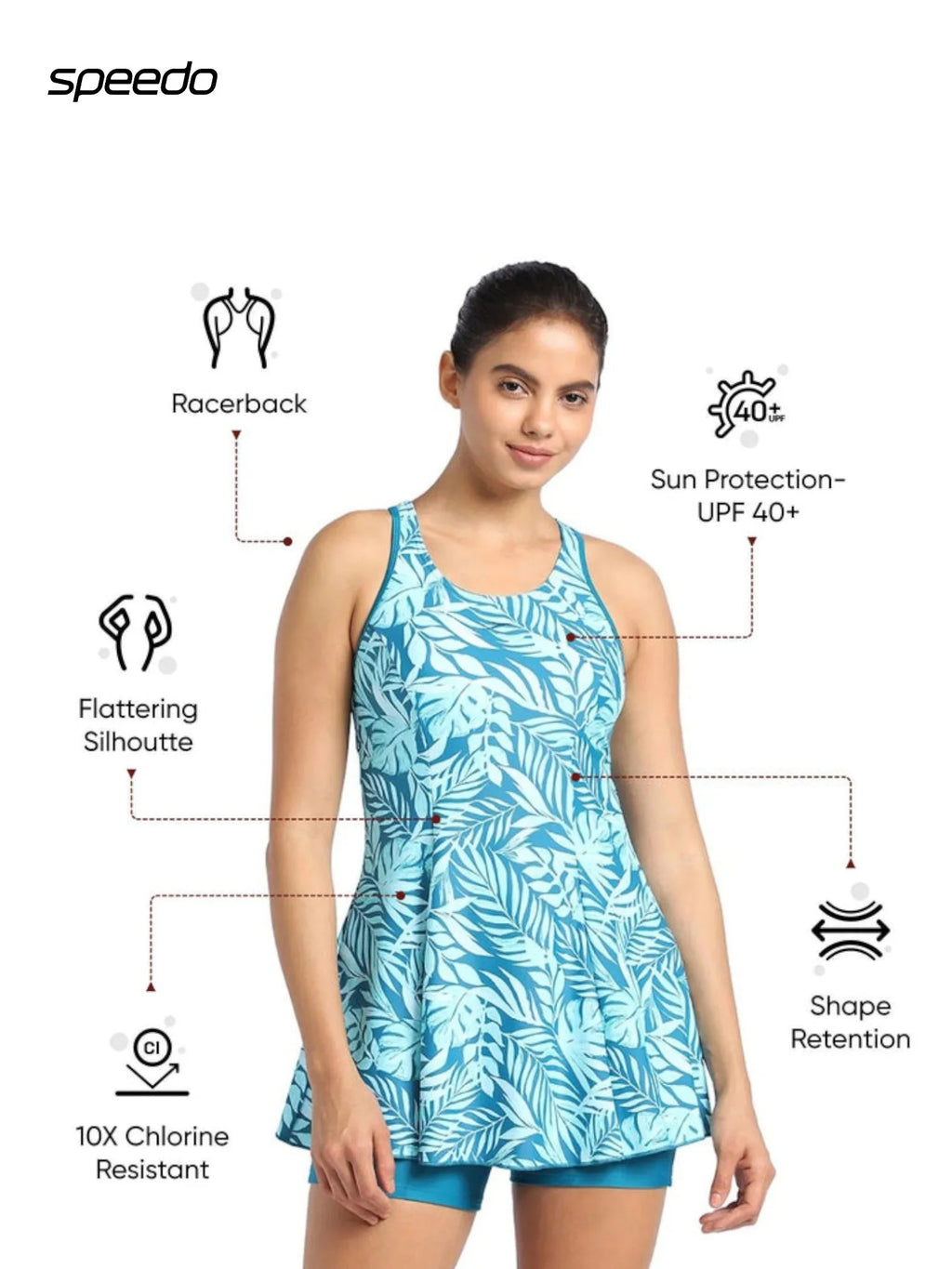 SPEEDO Women's Endurance10 Racerback Printed Swimdress With Boyleg - Peacock/Marine Blue