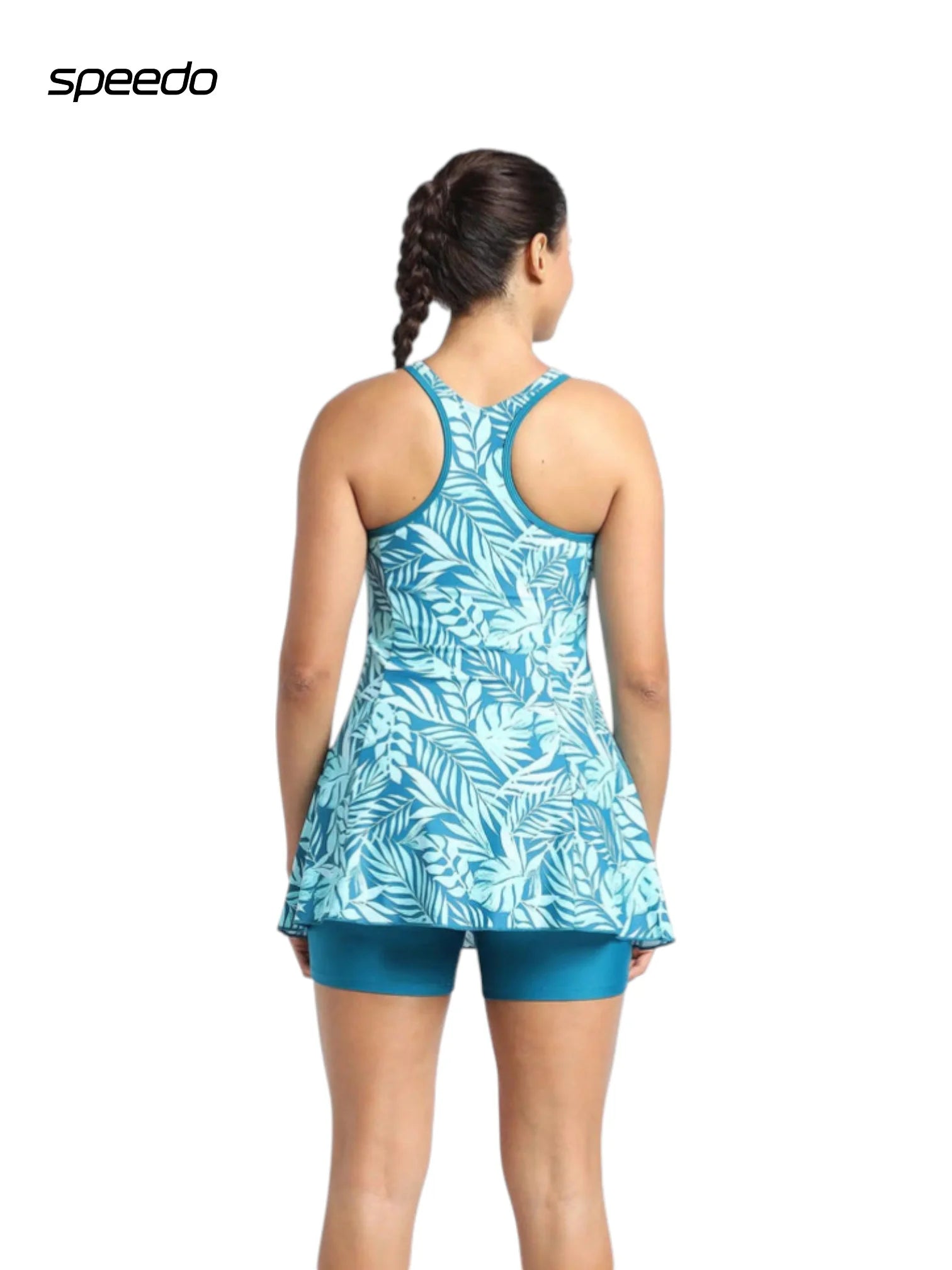 SPEEDO Women's Endurance10 Racerback Printed Swimdress With Boyleg - Peacock/Marine Blue