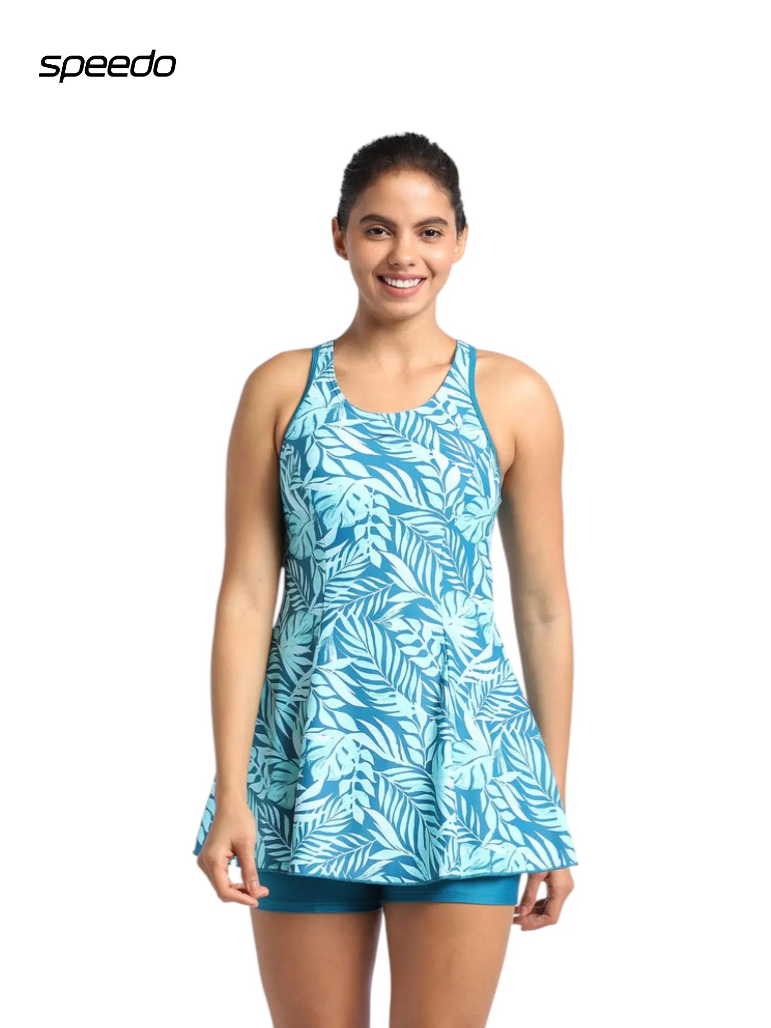 SPEEDO Women's Endurance10 Racerback Printed Swimdress With Boyleg - Peacock/Marine Blue