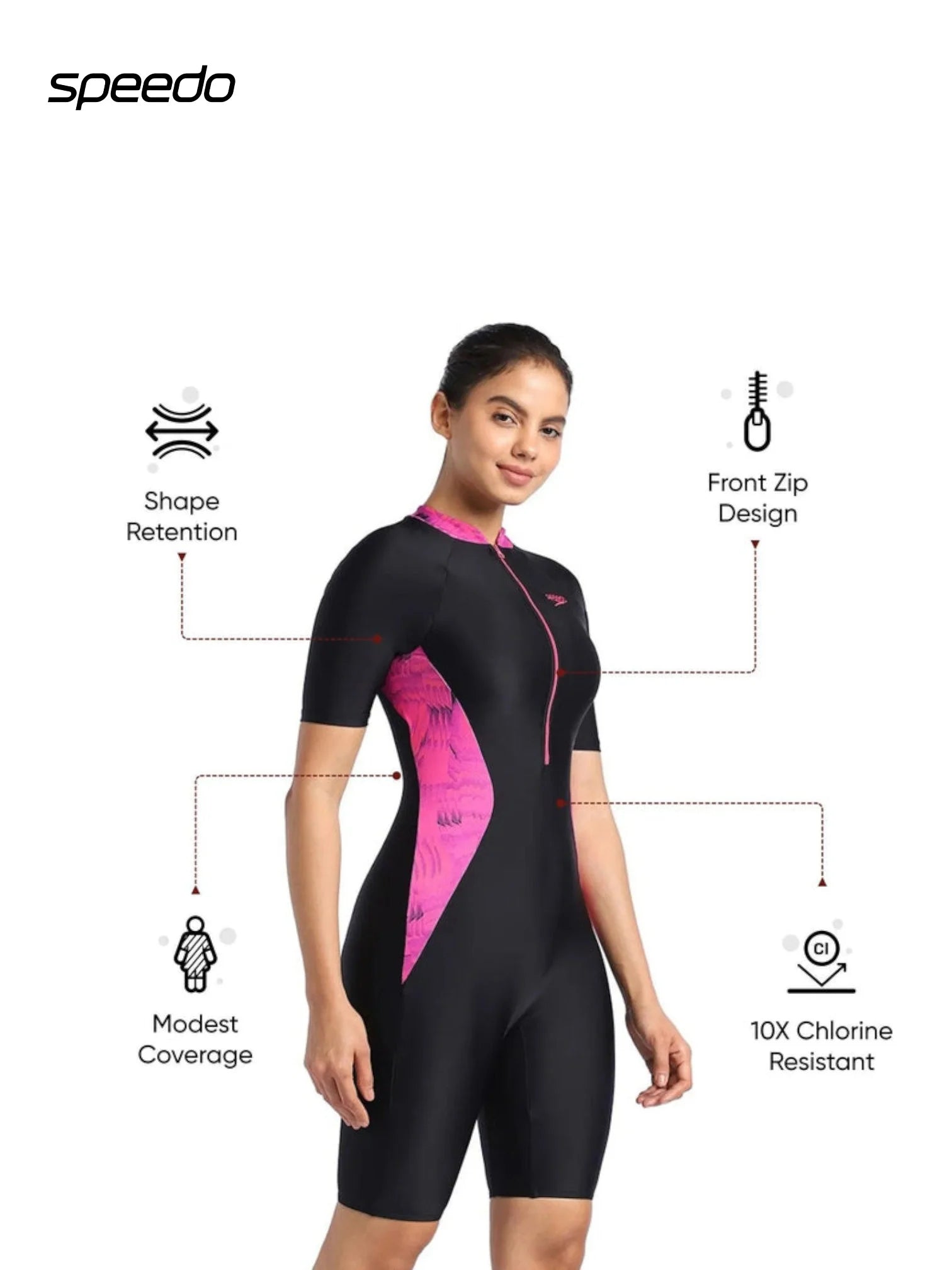 SPEEDO Women’s Endurance 10 Essential Panel Printed Kneesuit Swimwear - Black/Wine Berry/Bloominous Pink