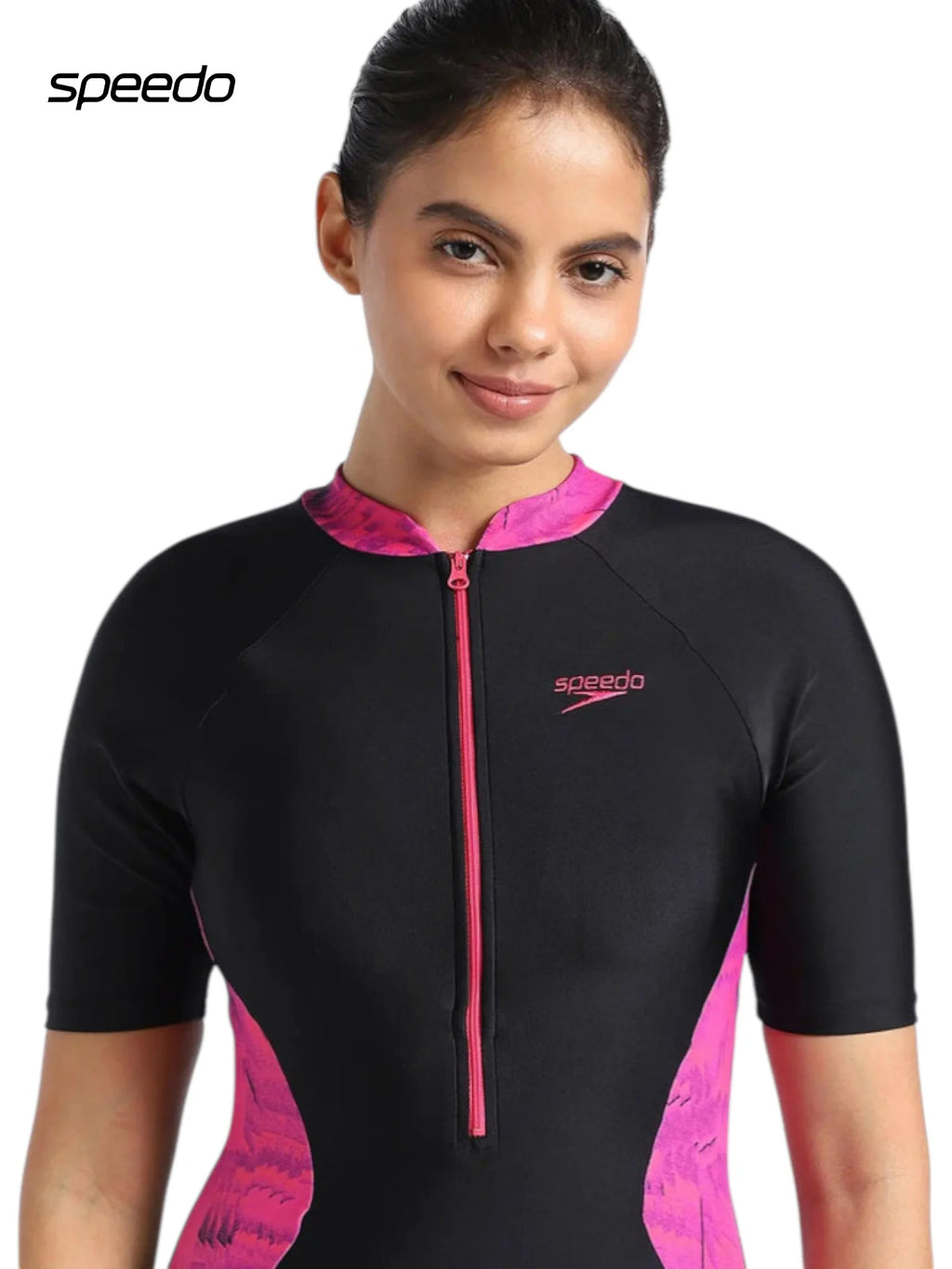 SPEEDO Women’s Endurance 10 Essential Panel Printed Kneesuit Swimwear - Black/Wine Berry/Bloominous Pink