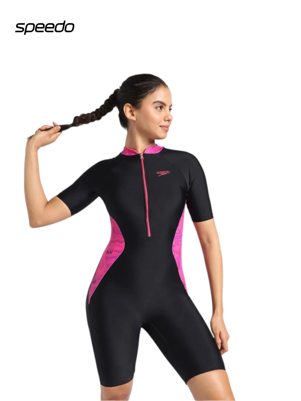 SPEEDO Women’s Endurance 10 Essential Panel Printed Kneesuit Swimwear - Black/Wine Berry/Bloominous Pink