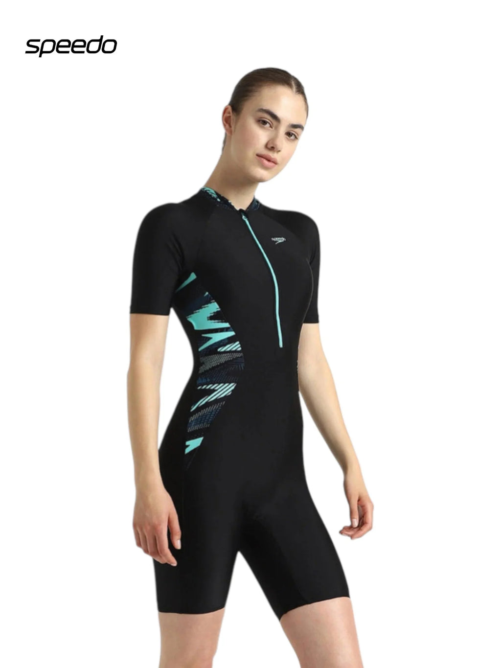 SPEEDO Women’s Endurance 10 Essential Splice Print Kneesuit Swimwear - Black/Dark Teal