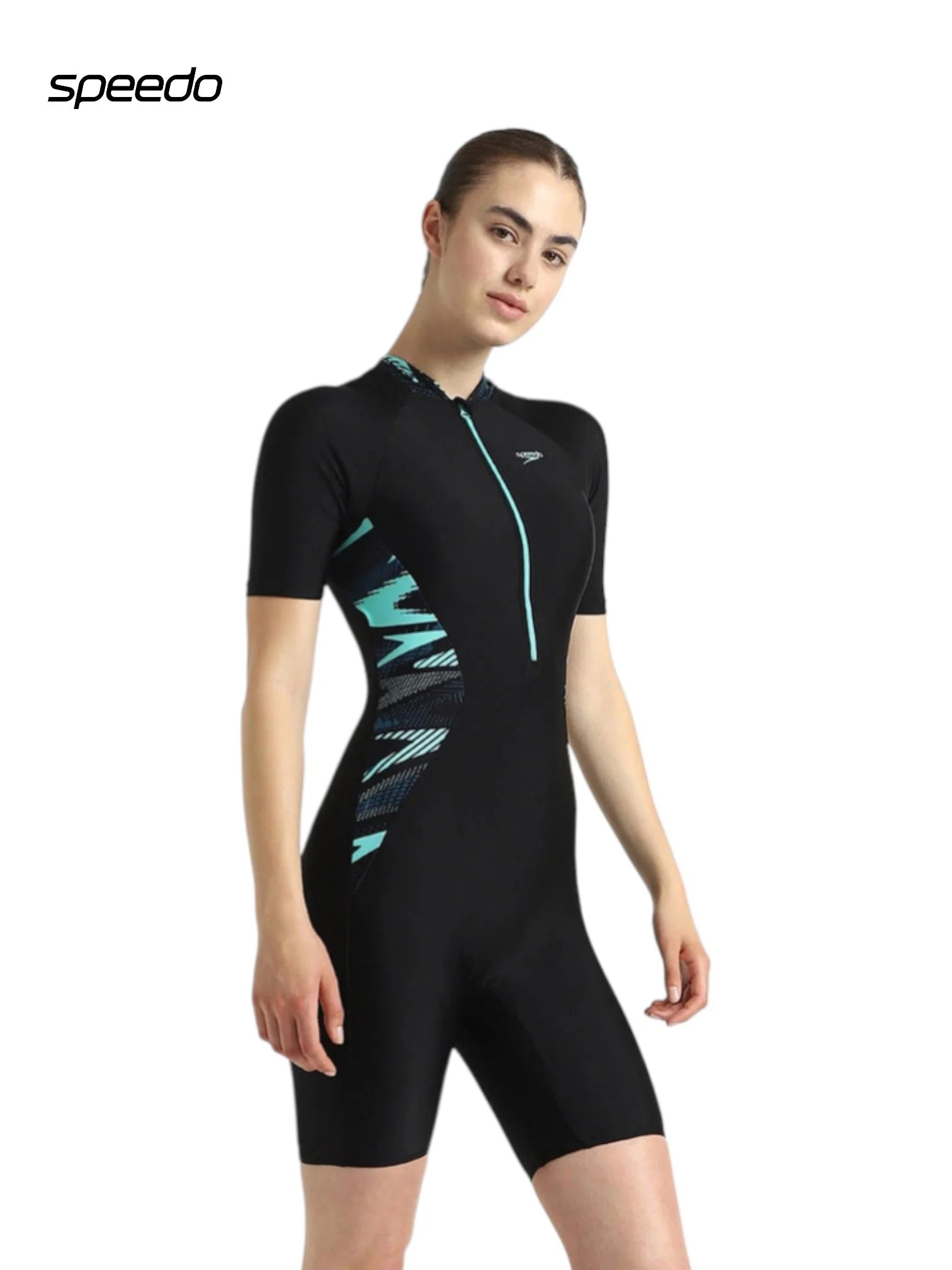 SPEEDO Women’s Endurance 10 Essential Splice Print Kneesuit Swimwear - Black/Dark Teal