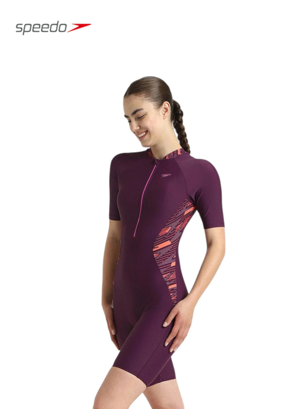 SPEEDO Women's Enduraflex Splice Print Kneesuit Swimwear - Plum Dandy/Coral Sands