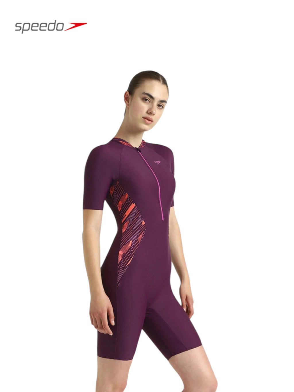 SPEEDO Women's Enduraflex Splice Print Kneesuit Swimwear - Plum Dandy/Coral Sands